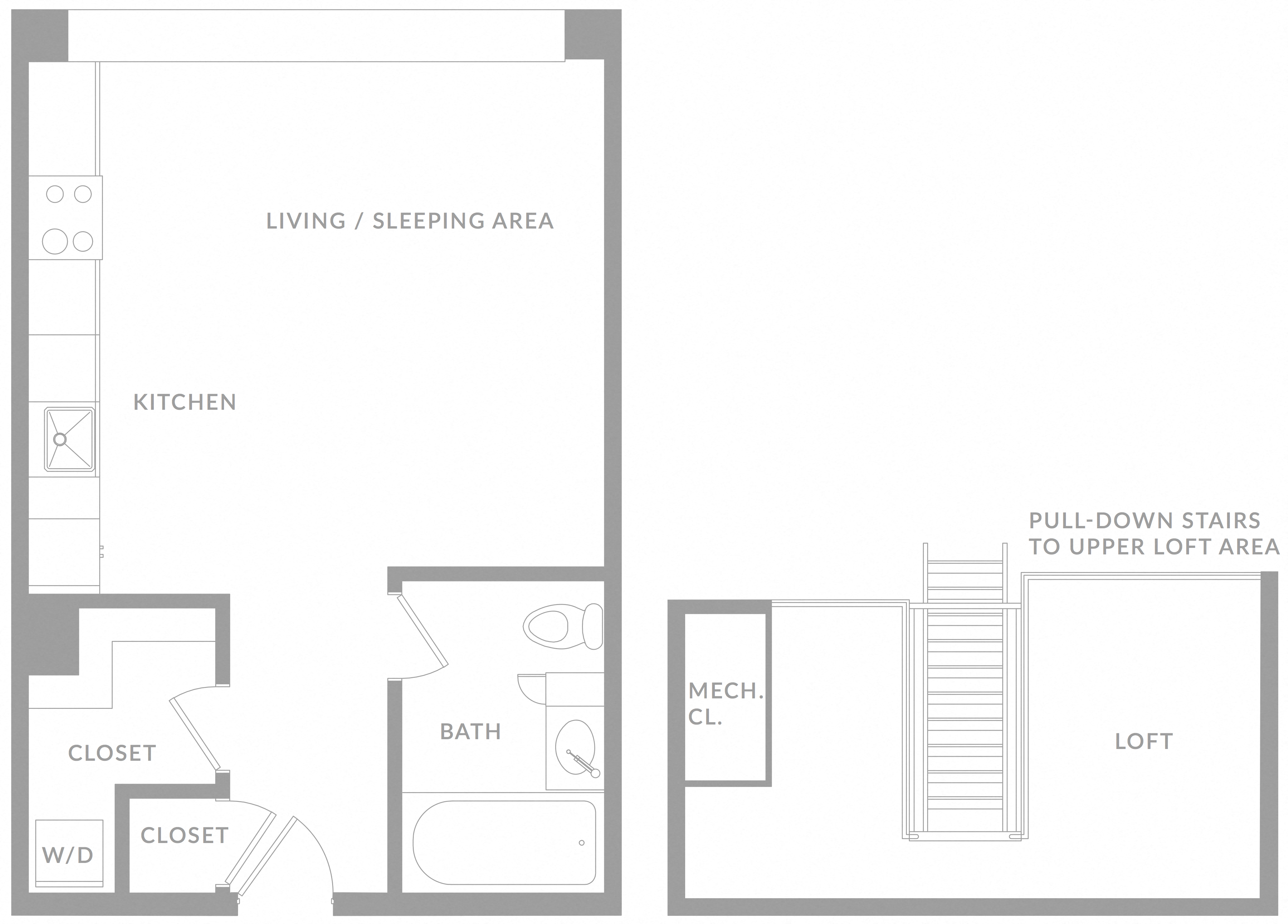 Floor plan for studio, 1 bath, 600 sqft